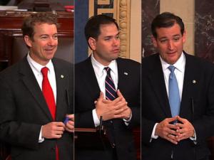 Left to right: Rand Paul (R) Texas, Marco Rubio (R) Florida, Ted Cruz (R) Texas